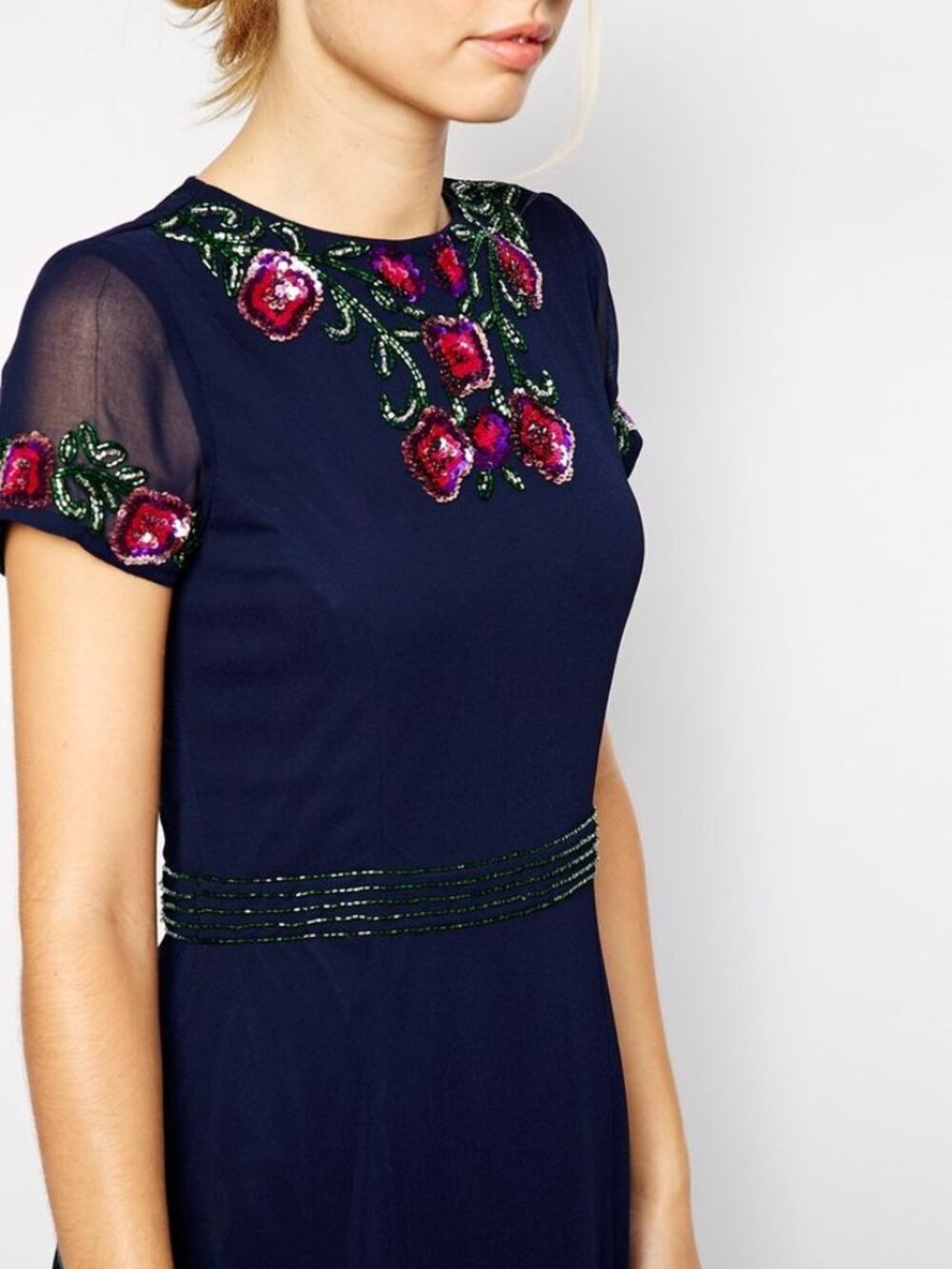 Navy Floral Embellished Beaded Frock and Frill Maxi Dress - UK 6 - Discontinued
